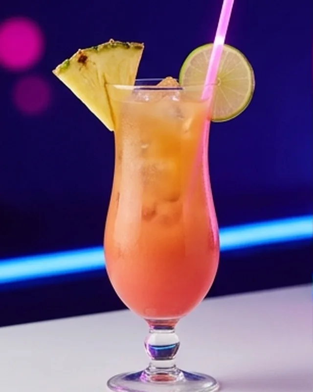 Vaso alto de color coral con piña, lima y pajita rosa, sobre la barra con luz azul.