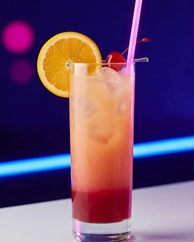 Vaso largo con rodaja de naranja y pajita rosa, sobre la barra blanca con luz azul.