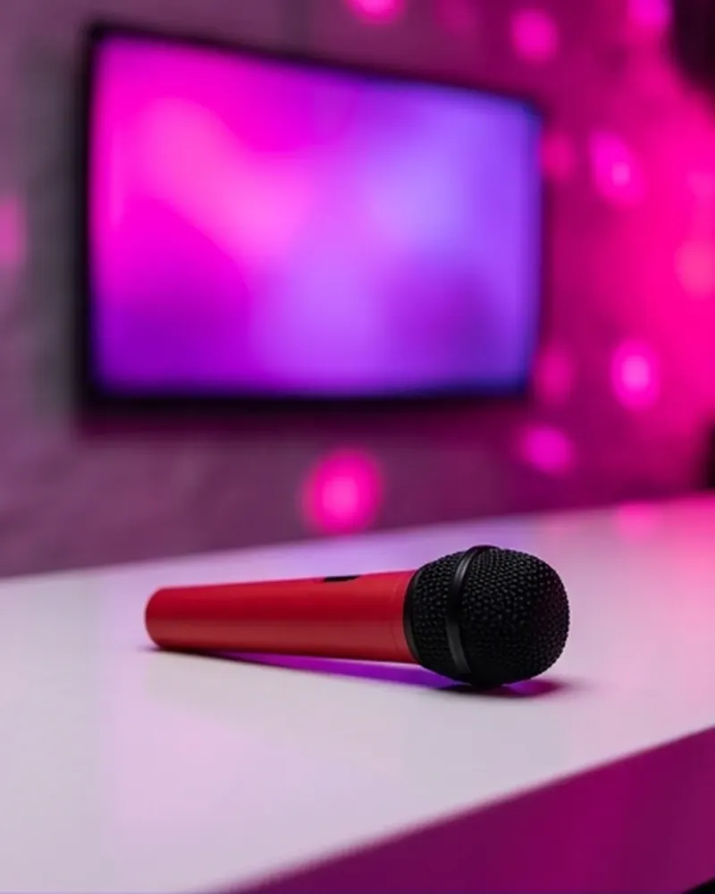 Micrófono rojo sobre la barra blanca, con una pantalla de karaoke y luces rosas desenfocadas al fondo.