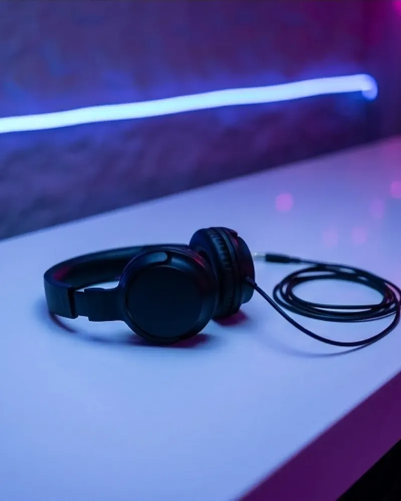 Auriculares de DJ sobre la barra blanca, con una tira de luz azul detrás.