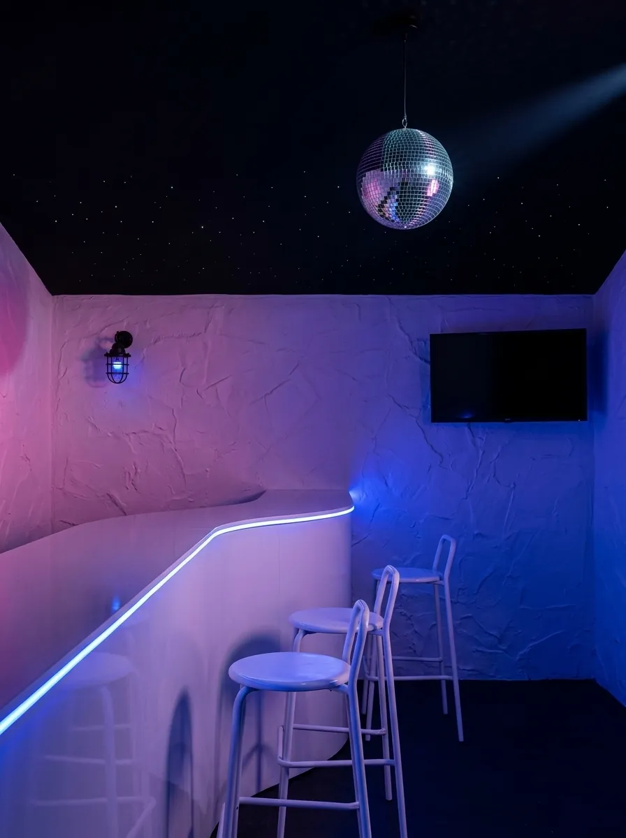 Rincón de la sala con la barra blanca curva y su borde azul, tres taburetes altos, la bola de espejos y el techo negro de puntos de luz.