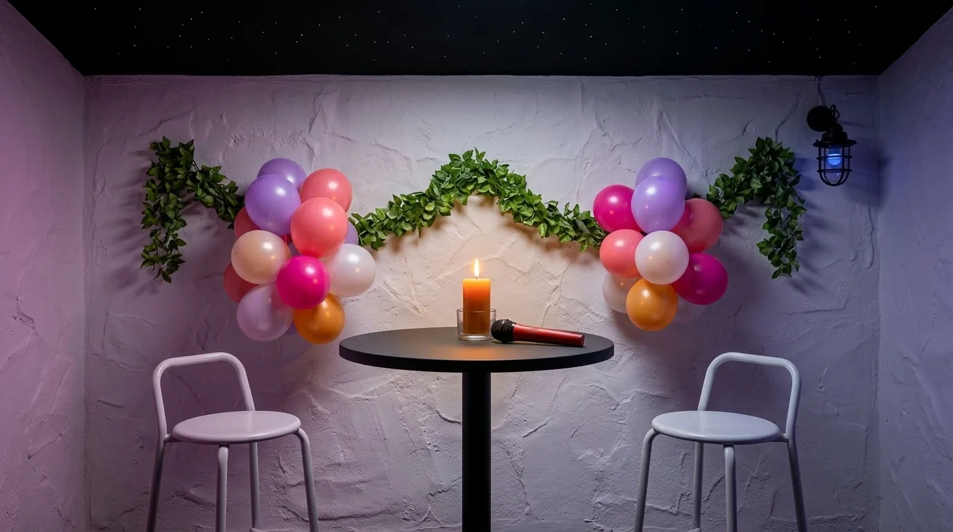 Mesa alta con una vela encendida y un micrófono rojo, entre dos racimos de globos de colores y una guirnalda verde, bajo un techo negro de puntos de luz.
